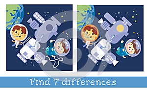 Astronauts boy and dog near space station. Characters in cartoon style. Find 5 differences. Game for children. Vector