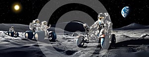 Astronauts in buggies on a reconnaissance mission across the moon\'s rocky terrain