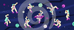Astronauts dance and play music on DJ mixing console on disco or electro party
