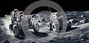 Astronauts driving buggies in a daring race across the moon\'s barren landscape