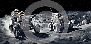 Astronauts driving buggies in a daring race across the moon\'s barren landscape photo
