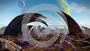Astronauts exploring alien planet landscape, strange rock formations on the surface of an exoplanet photo