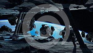 Astronauts exploring an asteroid spaceship 3D rendering elements