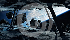 Astronauts exploring an asteroid spaceship 3D rendering elements