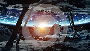 Astronauts exploring an asteroid spaceship 3D rendering elements