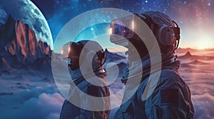 Astronauts Gazing At Cosmic Lights, Futuristic Space Suits With Reflective Visors. AI Generated