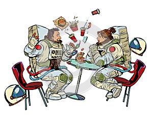 Astronauts man and woman couple date at fast food restaurant