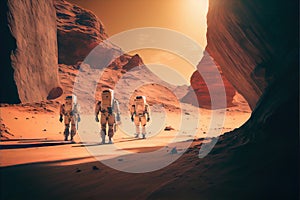 Astronauts on Mars, spacemen walk on red planet, generative AI