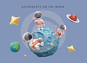 Astronauts on moon. Cosmonaut on dead planet. 3D illustration in cartoon style