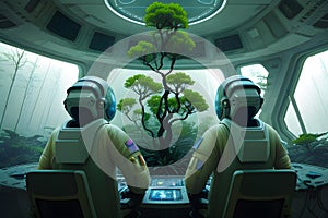 Astronauts in an observation room with a plant generated by ai