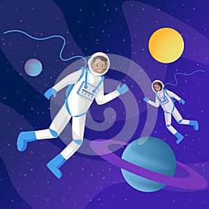 Astronauts in outer space flat illustration. Two cosmonauts in spacesuits floating in cosmos zero gravity cartoon vector