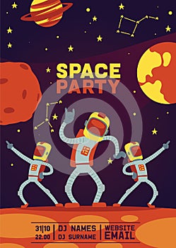 Astronauts party vector cosmonaut spaceman character dancing in space cosmos backdrop universe galaxy planets stars moon