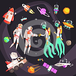 Astronauts Shaking Hands With Extraterrestrial Beings In Space Surrounded By Travel Related Objects