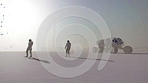 Astronauts on snowy alien winter landscape. Realistic 3D render