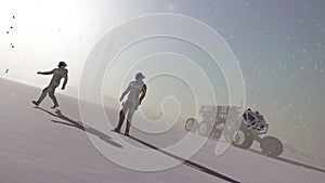 Astronauts on snowy alien winter landscape. Realistic 3D render