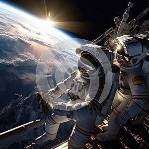Astronauts in space around the solar battarei,