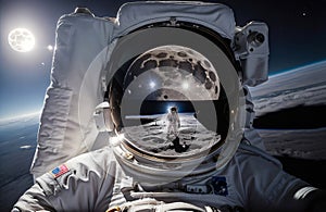 Astronauts in space reflecting each other in helmets. Generative AI