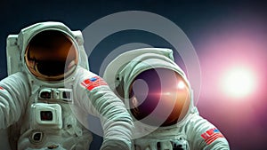 Astronauts in space suits flight in outer space, against the backdrop of the sun and twinkling stars. Generative, Generative AI,