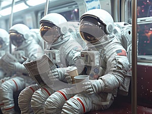 Astronauts in space suits in subway car commute