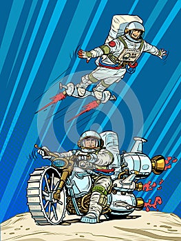 Astronauts on space transport. Flying and riding a motorcycle of the future