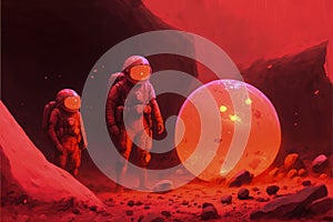 Astronauts stumbled upon unidentified luminescent orbs. Fantasy concept , Illustration painting