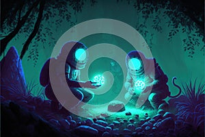 Astronauts stumbled upon unidentified luminescent orbs. Fantasy concept , Illustration painting