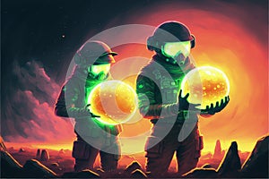 Astronauts stumbled upon unidentified luminescent orbs. Fantasy concept , Illustration painting