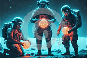 Astronauts stumbled upon unidentified luminescent orbs. Fantasy concept , Illustration painting