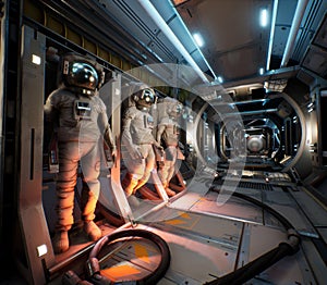 Astronauts suits inside a space station\'s corridor