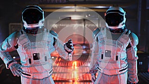 Astronauts travel in space in their interstellar spacecraft. The image is for fantastic, the futuristic or space travel