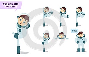 Astronauts vector character set. Spaceman cartoon character talking and showing empty white board