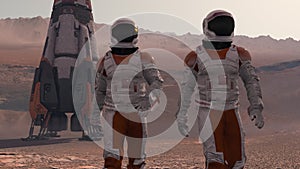 Astronauts wearing space suit walking on the surface of mars. Exploring mission to mars. Futuristic colonization and