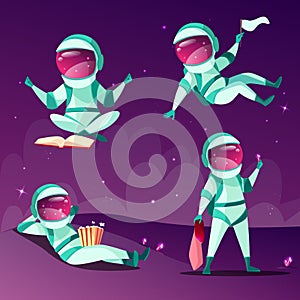 Astronauts in weightlessness zero gravity planet vector cartoon illustration