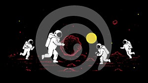 Astronauts in white space suits are playing on a dark, abstract surface resemblin photo