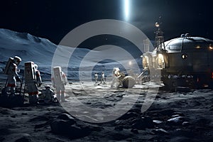 Astronauts working in the moon surface near a permanent base camp