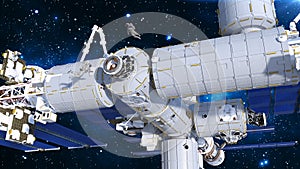 Astronauts working on space station, cosmonauts floating outside of spacecraft airlock, 3D render
