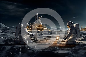 Astronauts working taking samples in the moon surface near a permanent base camp