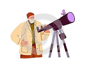 Astronomer observing stars with spyglass lens. Naturalist scientist explores nature through telescope. Old man watching