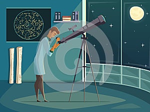 Astronomer With Telescope Retro Cartoon Poster