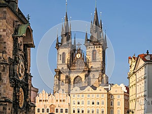 Astronomical clock  and church of Our Lady before Tyn in Prague, Czech Republic