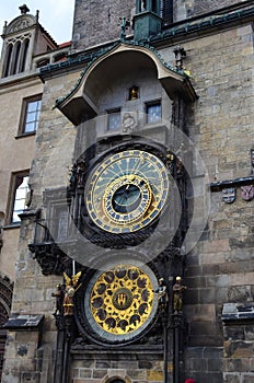 Astronomical Clock Details of Old Town Hall Tower in Prague, Czech Republic