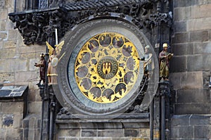 Astronomical Clock Details of Old Town Hall Tower in Prague, Czech Republic