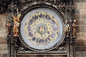 Astronomical Clock Orloj closeup in Czech Republic, Europe. Vintage style. Prague clock tower detail. Clock Prague on Old Town
