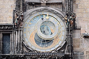 Astronomical Clock Orloj closeup in Czech Republic, Europe. Vintage style. Prague clock tower detail. Clock Prague on Old Town