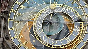 Astronomical Clock Tower detail in Old Town of Prague, Czech Republic. Astronomical clock was created in 1410 by the watchmaker Mi