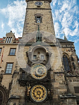 Astronomical clock tower at Prague old town square, Czech Republic.