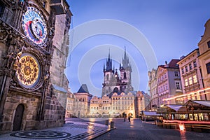 Astronomical clock, Tyn church and old town hall tower in Prague, Czech republic