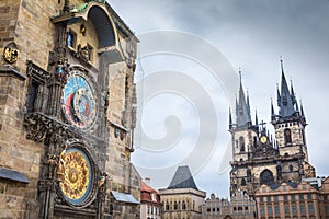 Astronomical clock, Tyn church and old town hall tower in Prague, Czech republic