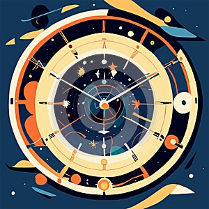 Astronomical clock. Vector illustration in flat style. Astronomy. AI generated