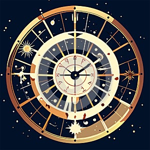 Astronomical clock. Zodiac signs. Astrological horoscope. Vector illustration AI generated